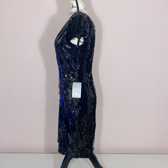 NWT Dress the Population Zoe Cap Sleeve Plunging Sequin Mini Dress black L - Picture 5 of 9